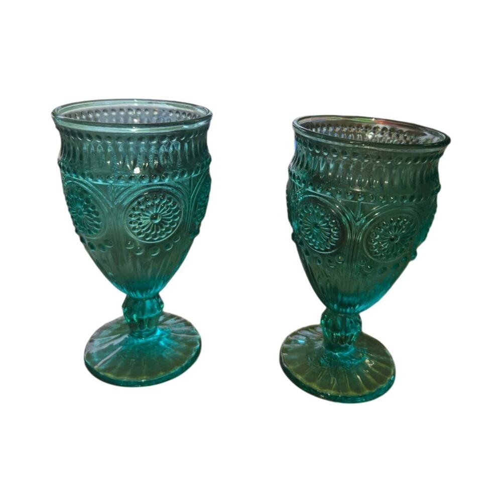 Pioneer Woman Turquoise Glass Goblet Set Two-Piece Glossy Impressed